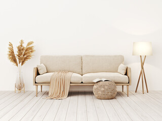 Living room interior wall mockup in warm tones with beige linen sofa, dried Pampas grass, woven table and boho style decoration on empty wall background. 3D rendering, illustration. © marina_dikh