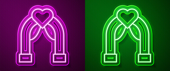 Glowing neon line Wedding arch icon isolated on purple and green background. Wedding decoration. Vector.
