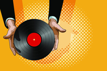 Male hands gently hold a retro vinyl record with a red label in the center