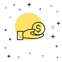 Black line Human hand giving money icon isolated on white background. Receiving money icon. Random dynamic shapes. Vector.