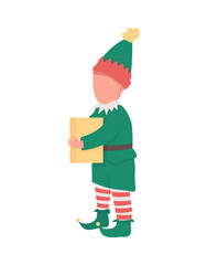 Christmas elf flat color vector faceless character. Boy in festive costume. Kid with present. Santa Claus workshop isolated cartoon illustration for web graphic design and animation