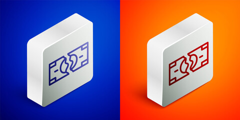 Isometric line Tearing apart money banknote into two peaces icon isolated on blue and orange background. Silver square button. Vector.