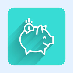 White line Piggy bank with coin icon isolated with long shadow. Icon saving or accumulation of money, investment. Green square button. Vector.