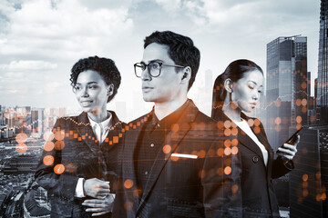 Group of business colleagues working on new venture capital and hi-tech start up and try to...