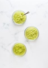 Green asparagus pesto. White background