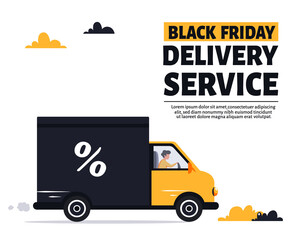 Black friday delivery service. Courier riding van. Vector illustration