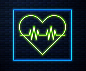 Glowing neon line Heart rate icon isolated on brick wall background. Heartbeat sign. Heart pulse icon. Cardiogram icon. Vector.