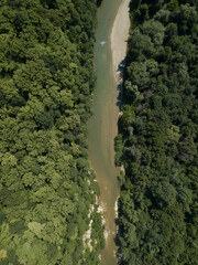 Aerial view of green mountain river flowing in forest, between green trees. Scenic landscape from...