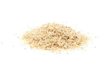 Psyllium (Ispaghula) Seed Husk Isolated on White Background. Dietary Fiber Food Supplement.