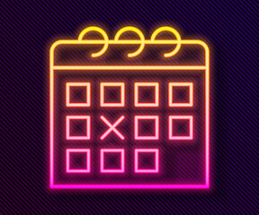 Glowing neon line Calendar fitness icon isolated on black background. Training schedule. Vector.
