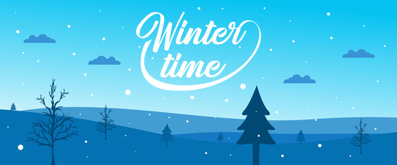 Fototapeta na wymiar Winter time with typography style and winter scenery background with snowflakes, lights, stars. Merry Christmas. Vector Illustration