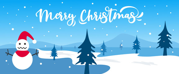 Merry christmas with typography style and winter scenery background with snowflakes, lights, stars. Merry Christmas. Vector Illustration
