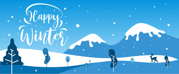 Happy winter with typography style and winter scenery background with snowflakes, lights, stars. Merry Christmas. Vector Illustration