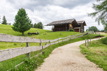 Fototapeta na wymiar hiking trail and wooden hut and fence in Alpe di Siusi or Seiser Alm, Dolomites Alps, South tyrol, Italy.