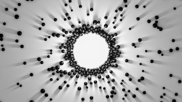Gathering of black spheres to the center light. Attraction of objects with long shadows. 3D abstract concept of collaboration. Magnetic attraction of objects to central formation render.