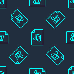 Green line Music book with note icon isolated seamless pattern on blue background. Music sheet with note stave. Notebook for musical notes. Vector.