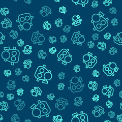 Green line Gas mask icon isolated seamless pattern on blue background. Respirator sign. Vector.