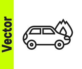 Black line Burning car icon isolated on white background. Car on fire. Broken auto covered with fire and smoke. Vector.