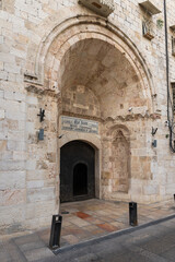 The facade and entrance of St. James Cathedral Church in the Armenian quarter in the old city of Jerusalem, Israel