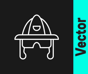 White line Firefighter helmet or fireman hat icon isolated on black background. Vector.