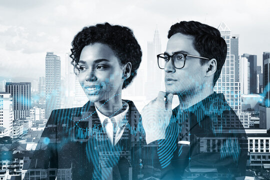 Two colleagues in multinational corporate team dreaming about career opportunities after MBA graduation. Trading at corporate finance fund. Forex chart. Kuala Lumpur. Double exposure.