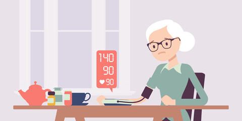 Blood pressure measurement self monitoring by electronic sphygmomanometer. Senior woman doing measuring, controlling health at home, digital meter numbers. Vector creative stylized illustration