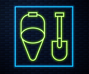 Glowing neon line Fire shovel and cone bucket icon isolated on brick wall background. Vector.