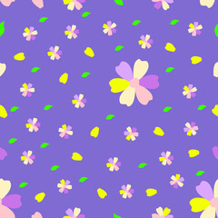 seamless pattern, small multi-colored flowers in pastel colors on a purple background