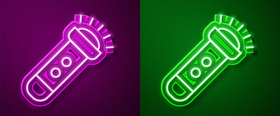 Glowing neon line Flashlight icon isolated on purple and green background. Vector.