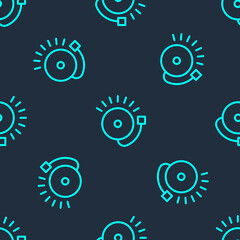 Green line Ringing alarm bell icon isolated seamless pattern on blue background. Fire alarm system. Service bell, handbell sign, notification symbol. Vector.
