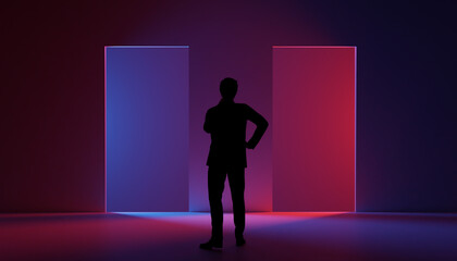 Silhouette of thinking man in front of illuminated blue and red doorway