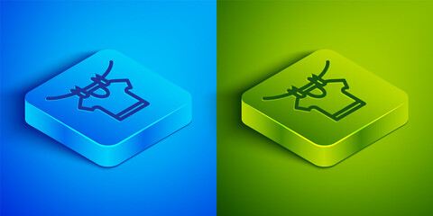 Isometric line Drying clothes icon isolated on blue and green background. Clean shirt. Wash clothes on a rope with clothespins. Clothing care and tidiness. Square button. Vector.