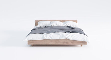 Fototapeta na wymiar modernes Bett mit Decken und Kissen in leerem weißem Raum
