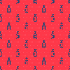 Blue line Bottle of liquid antibacterial soap with dispenser icon isolated seamless pattern on red background. Antiseptic. Disinfection, hygiene, skin care. Vector.