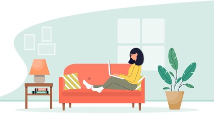 Girl with laptop sitting on the sofa. Home Office. Work at home or freelance. Homeschooling. Online work concept. Freelancer lifestyle. Cute vector illustration in flat style.