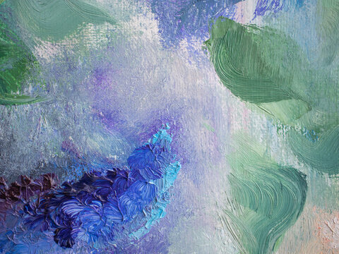 Abstract flowers and leaves horizontal background. Oil paint texture with brush strokes.