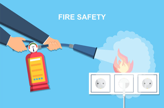Extinguishing fire wiring in home. Socket and plug on fire from overload. Electrical safety concept. Fireman holding extinguisher in hands. Flame protection. Flat cartoon vector illustration