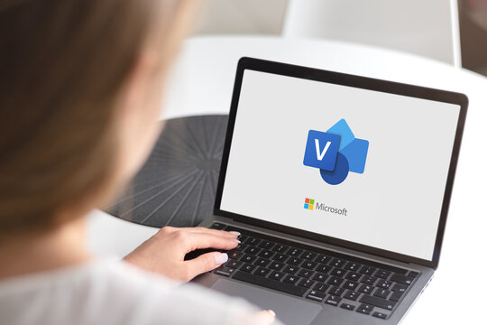 Guilherand-Granges, France - October 28, 2020. Notebook with Microsoft Visio logo. Diagramming and vector graphics application and is part of the Microsoft Office family.