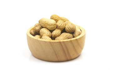 Peanuts or Groundnut on wooden bowl isolated on white background.