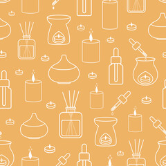 Aromatherapy Seamless Pattern with Vector Line-art Elements. Perfect for wallpaper, backdrop for spa or wellness centers, aromatherapy/ ayurveda clinic, shops and product packaging.