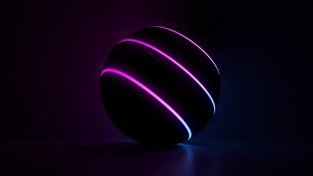 Glowing neon dark light sphere, blank space, abstract background.