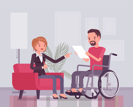 Disability insurance, medical support for disabled wheelchair man. Sick, injured worker social help and state compensation, information or filing for DI paper. Vector flat style cartoon illustration