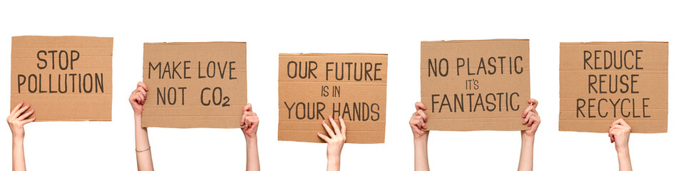 Climate change protest signs. Inscriptions on cardboard posters. Isolated on white. Set