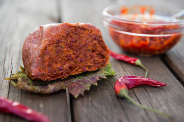spicy salami called nduja typical of the cuisine of the Calabria region in Italy