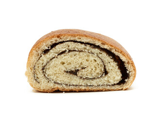 slice of butter sweet bun with poppy seeds isolated on white background