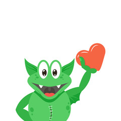 simple vector flat art colour cartoon illustration of anthropomorphic green monster with own heart in his hand on a white background