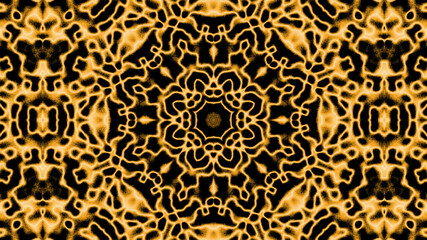 Abstract symmetric yellow kaleidoscope background pattern with furry elements