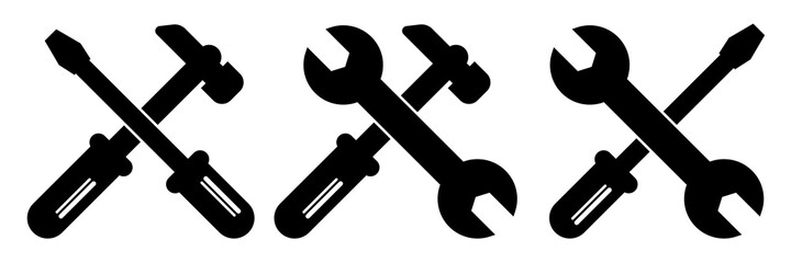 Repair service toolkit. Maintenance spanner and hammer silhouette icons. Isolated wrench and screwdriver symbols on white background. Settings pictogram. Fix emblem. Vector EPS 10.
