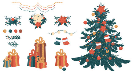 Christmas decorative set. Gift boxes, balls, garlands, socks, wreath, spruce isolated on white background. Cute scrapbook elements. Cartoon vector illustration.