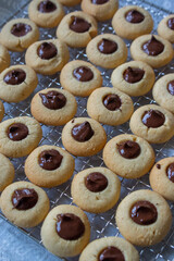 Light brown beige baked peanut cookies filled with dark chocolate, one by one on metal grid, tasty Christmas sweets ready to eat
